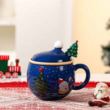 1 conjunto de canecas de cerâmica estilo árvore de Natal 3D com colher e tampa de aço inoxidável, xícara de café, decoração para casa de fim de ano, presente de Natal ideal para café, leite e chá
