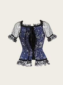 Jutrisujo Blue Corsets Bustier For Women With Sleeves Zipper Basques Lace Lingerie Top Plus Size Gothic Renaissance Halloween Costumes - 8108-Blue - 查看 2