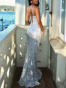 Elegant Sequin Slit Ruffle Spaghetti Strap Backless Dress, Party Dresses For Women, Formal Evening Gown For Prom, Birthday Party, Single Party, Spring/Autumn Wedding - Silver - View 2