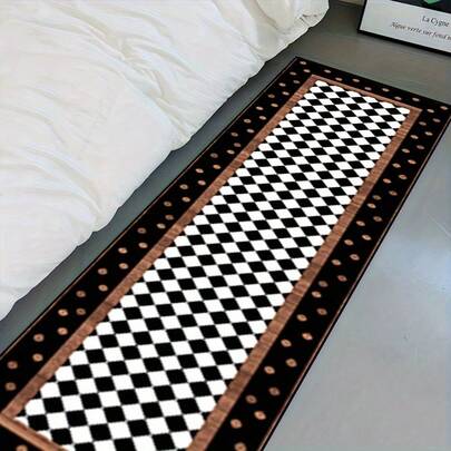 1pc Extra Long Runner Mat - Large 48x16 Or 60x18 Inch Black & White Checkerboard Floor Mat With Brown Wood Border, Machine Washable Mat For Hallway, Kitchen, Bedroom - Durable Modern Home Decor In Black, White & Brown - Ideal For Large Spaces, Transfer Printed Single-Sided Design With Non-Woven Backing, Stylish Checkerboard Pattern For Interior Decor, Rugs For Hallway, Extra Large Rugs For Living Room, Circular Floor Mat, Big Mat For Living Room, Vintage Rugs