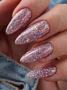 VV MEI JIA ER 24片紫色亮面亚克力按压式美甲贴片，杏仁形，带UV涂层，长款杏仁形全覆盖假指甲，闪亮法式美甲贴片，适合女性和女孩，附赠1卷胶带和1个指甲锉。 - 淡紫色 - 查看 3