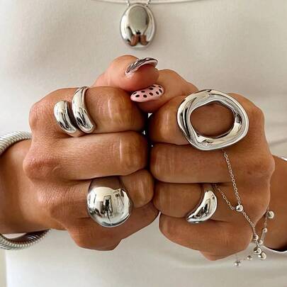 Bộ 4 chiếc nhẫn thép không gỉ tối giản, kiểu dáng bất đối xứng, hình bầu dục rỗng, có thể xếp chồng lên nhau, nhẫn bi lớn, trang sức dành cho nữ.