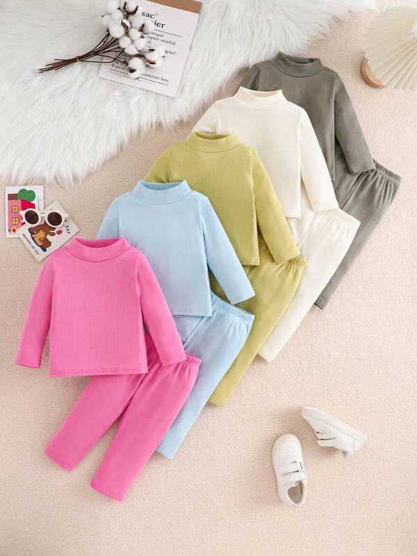 5 Sets/10pcs Kids Knitted Jacquard Fabric Turtleneck Long Sleeve T-Shirt And Pants, Comfortable And Skin-Friendly, Suitable For Outdoor Activities