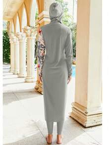 Women's Burkini Thermal Spring Detachable Arabic Printed 3 PiecesSwimsuit, Color Block, Modest Full Coverage Swimwear For Surfing And Diving, Sun Protection Vacation Beach - Grey - View 4