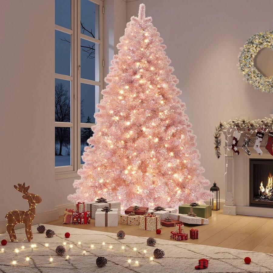 Meiyiu Artificial Christmas Tree Colorful Pink Wide Body Flocked Tree With Lights Suitable For Home Office Party Decoration To Add Christmas Atmosphere