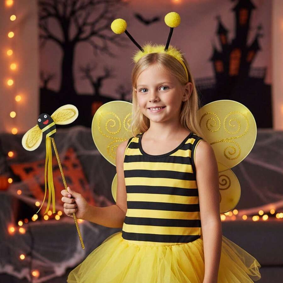 Bee Costume Accessories Set Bumble Bee Wings Antenna Headband Magic Wand Cosplay Accessories For Halloween Stages - 黃色 - 查看 1