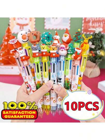 10pcs Christmas Gift 6-Color Pens, Christmas Santa Claus & Reindeer Topper 0.5mm Cartoon 6-Color Ballpoint Pens, Suitable For Note-Taking And Writing, Teens And Adults Holiday Gift Pens (Style And Color Random)