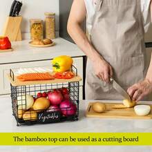 2 Set XL Stackable Wire Basket With Bamboo Tops & Tags- Pantry Organizer And Storage Bins, Kitchen Counter Cabinet Shelf Countertop Under Sink Organizing,  Snack Produce Onion Potato Bread Storage - L - 查看 4