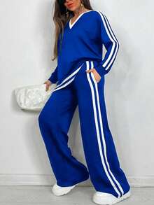 Bộ áo thun dài tay cổ chữ V thường ngày cỡ lớn dành cho nữ + quần ống rộng có túi kẻ sọc hai bên, Xuân/Thu - Màu xanh lam - Xem 3