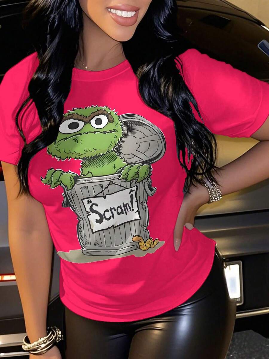 Women's Oscar The Grouch Scram T-Shirt, Soft And Comfortable, Various Outfits. It Is Fashionable, Simple, Daily Use, Fitness And Sports Activities. - 粉色 - 查看 1
