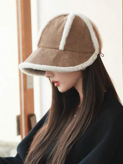 1pc Casual Warm Fuzzy Trim Fisherman Beanie Hat, Autumn/Winter