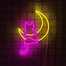 Letrero de neón de gato y luna, luz de noche de anime personalizada, decoración de pared de lámpara de gato, señal de luz de neón de gato de dibujos animados para decoraciones de fiesta de cumpleaños, luz de neón con alimentación USB para decoración del hogar, sala de juegos, dormitorio, habitación de niños, decoración de fondo, regalo de Navidad, fácil de colgar.
