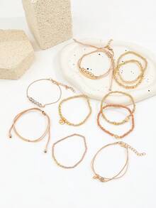 Set de 11 piezas de pulseras ajustables con cuentas y trenzado con forma de corazón, estilo bohemio, pulseras elásticas de CCB para mujeres - Dorado - Ver 3