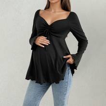 孕妇甜心领罗纹抽绳喇叭下摆钟形袖衬衫