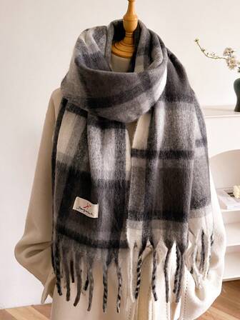 1개 여성 헤드 스카프 겨울 여성 스카프 말총 컬러 블렌딩 격자 무늬 모조 캐시미어 숄 및 랩 두꺼운 따뜻한 여성 패션 컬러 태슬 풀 플러시 스카프 야외 여성 숄 담요 드레스용