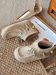 1 Pair Autumn/Winter New Retro Velvet Children Boots, Girls Korean Version Tassel Short Boots With Back Zipper, Princess Shoes