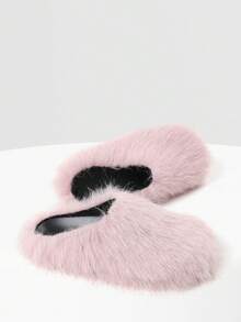 New Womens Faux Fur Slipper Round Toe Fuzzy Fluffy Comfortable Flat Warm Pink Furry Bedroom Slipper Home Slides Shoe Thick Plush Casual Wear Cozy Style Flat Indoor Outdoor All Weather Flat Summer Sandals For Women - 粉紅毛茸茸 - 查看 6