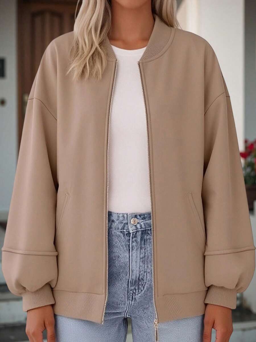 Women's Fall Lightweight Jacket Solid Color Long Sleeve Round Neck Front Metal Zipper Tops For Outdoor Activities Daily Leisure