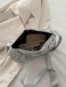 1 件绗缝闪亮涤纶拉链斜挎包，时尚女性日常使用 - 銀色 - 查看 8