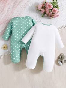 2件套女婴爱心大象印花长袖连体衣，四季皆宜 - 綠色 - 查看 2