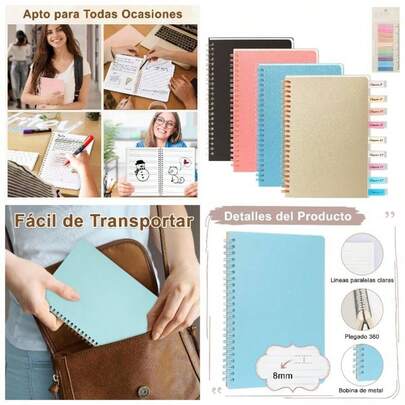 5 PCS Cuadernos de Espiral, Libreta de Notas con Pasta Dura de A5 PlStico con Pestaas de ndice, Libretas de Color de Tapa Dura con 320 Hojas de Raya, Cuaderno de Notas para Universidad, Oficina y Agenda Personal