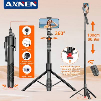 AXNEN 70.87英寸超长可伸缩自拍杆三脚架，带无线遥控器、360°旋转稳定手机支架和可调节补光灯，便携轻巧自动伸缩落地支架，适用于防抖拍摄、视频录制、摄影、Vlog、直播等。