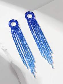 1 Pair Fashionable Exaggerated Ombre Crystal Tassel Long Earrings, Shiny Bridal Evening Party Jewelry Accessories