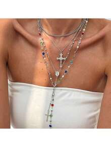 -Hop INS Style-Studded Pendant Necklace Fashion Imitation Pearl Chain Layered Necklace Women - 04 白K 6116 - 查看 5