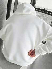 Fashion  Men's Winter White Hooded Sweatshirt With Fleece Lining - Loose Fit Full Zip Hooded Jacket With Letter Print And Pockets, Machine Washable Casual Wear, Suitable For Gym And Daily Layering (No Belt/Tie), Men's Hoodie, Men's Sweater, Heavyweight Hoodie, Men's Long Sleeve, Men's Hoodie, Men's Hoodie, Men's Hoodie, Men's Hoodie, Men's Clothing, Men's Plus Size Hoodie, Men's Sweater Hoodie, Men's Huddy, Women's Sweatshirt Classic Versatile 280g - White - View 2