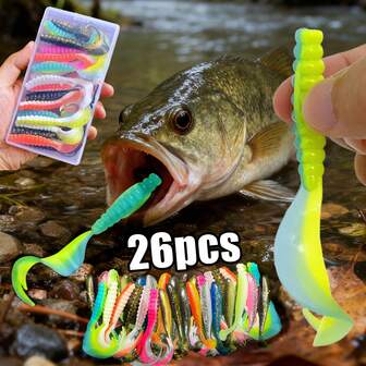 26 pezzi di esche morbide colorate a coda arricciata, esche morbide speciali adatte per il persico, il pesce mandarino e altri pesci, adatte per laghi, bacini idrici, fiumi e mari