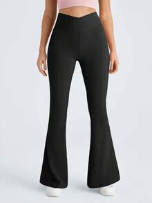 Slim Waist Running Quick-Dry Stretchy Fitness Flared Yoga Leggings, Solid Color Simple Design - Black - View 2