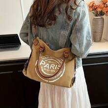 Vintage Paris Tote Bag With Adjustable Strap, Large Capacity Crossbody Shoulder Bag With Zipper Closure & Fabric Lining – Ideal For Daily Use - Văn bản màu trắng - Xem 3