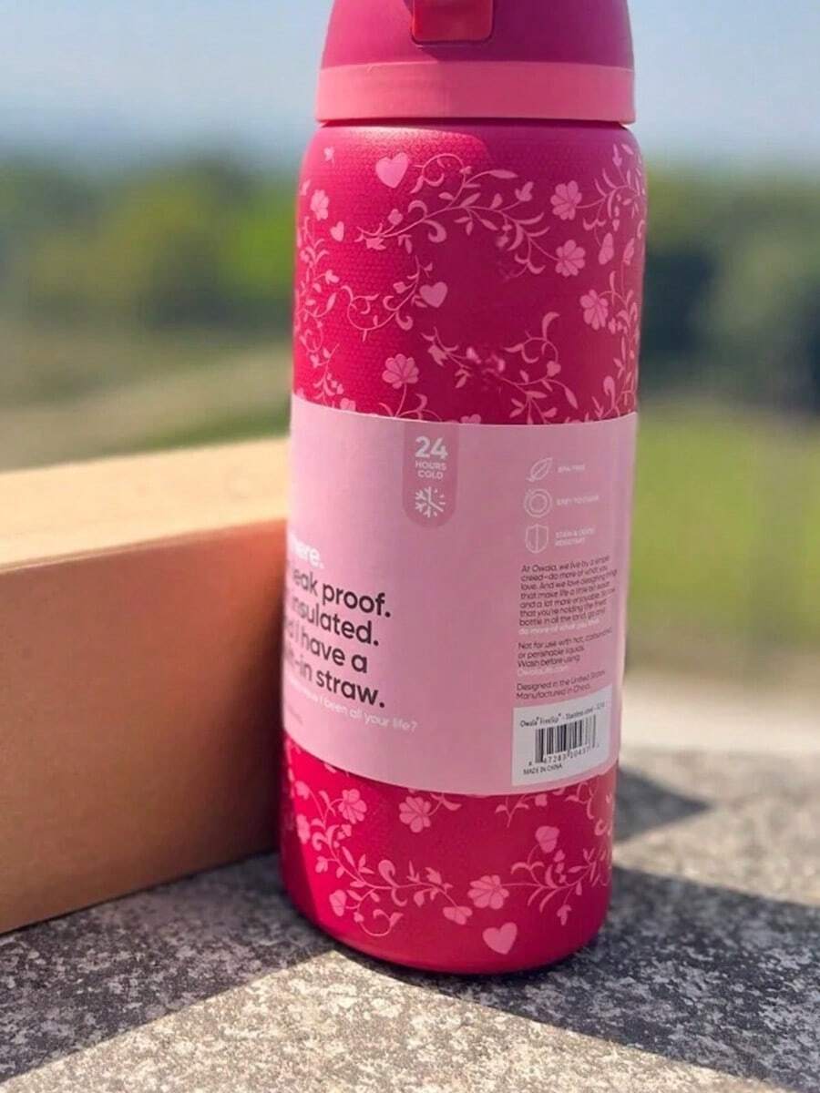 32oz Stainless Steel Tumbler With Fun Patterns - Dopamine Color Collection, Dual-Lid (Straw & Sip), Carry Handle, Ideal For Office, Travel, Gym & Gift. - H006-紅花 - 查看 1