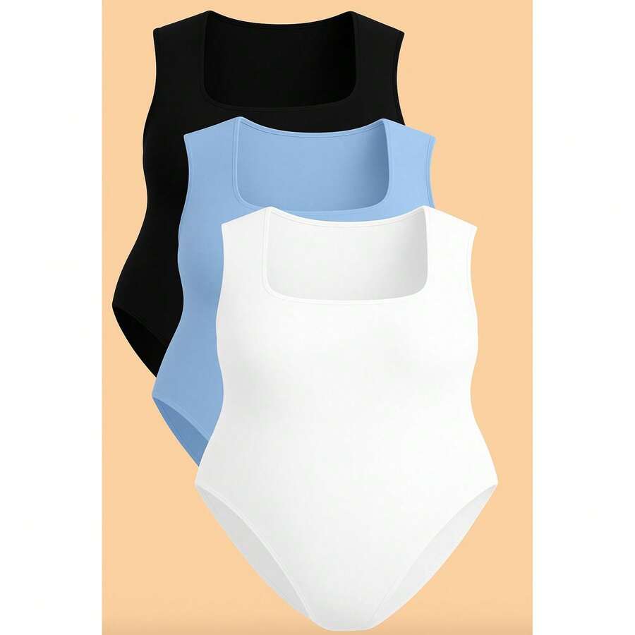 Kit 3 Bory Plus Size Body Bori Tank Top Thick Strap Closed Back Second Skin Fresh Fashion Spring Summer Timeless Clothes Large - BLACK/WHITE/BABY BLUE - View 1