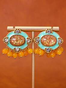 1 par de pendientes de estilo vintage palaciego para mujeres, con forma ovalada, decoración de flor dorada y diseño con borlas, detalles elegantes y románticos, adecuados para uso diario, ocasiones formales, fiestas y galas