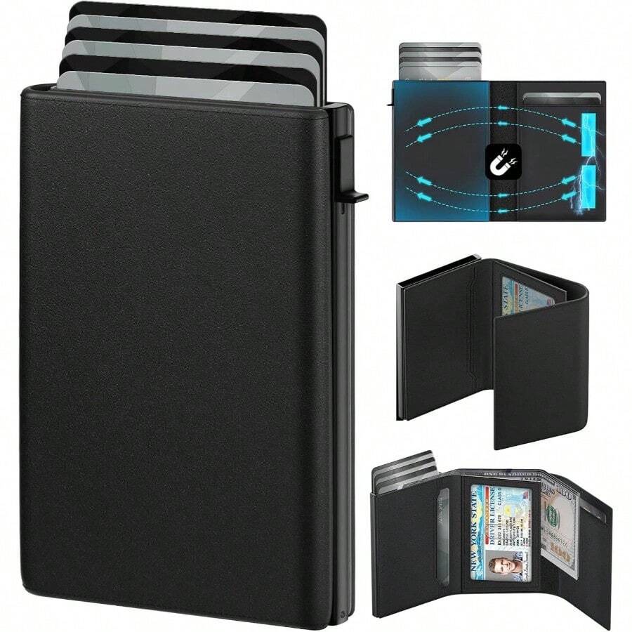 - Portatarjetas desplegable para hombre, inteligente, delgado, diseo minimalista para bolsillo frontal, bloqueo RFID premium, capacidad de 10 - 14 tarjetas ventana de identificacin ranura - Negro - - Ver 1