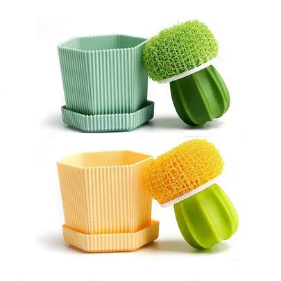 1 szt. Miękka szczotka do naczyń w kształcie kaktusa z tacką ociekową, ręczna szczotka do czyszczenia kuchni (nadaje się do zlewu, patelni, garnka) – narzędzie czyszczące bez prądu, opakowanie pojedyncze
