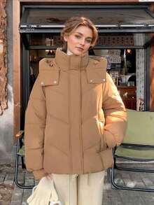 女士连帽插肩袖羽绒服，拉链和纽扣闭合，保暖聚酯纤维填充，常规长度 - 卡其色 - 查看 6