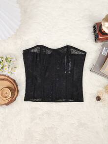 Áo corset ren xuyên thấu gợi cảm Yuwenier với họa tiết hoa, gọng nâng ngực, kiểu crop top buộc dây phía sau, hở lưng, thích hợp cho trang phục dự tiệc Halloween, màu đen mùa hè. - màu đen - Xem 4