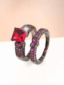 2pcs Copper Material Black Zirconia Heart Shaped Ring Set - Hot Pink - View 7
