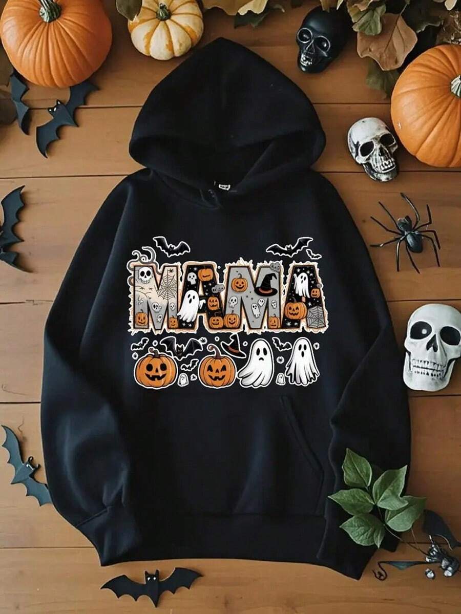 Men's Halloween Hoodie - Spooky Ghosts, Pumpkins, Bats, MAMA Graphic - Red Casual Pullover Sweatshirt -  Pocket Hooded Sweatshirt For Fall, Halloween Parties - Machine Washable Gift For Him, Halloween Clothes, Fall Seasonal Wear, Festive Design,Fall Hoodies,Men's Fall Clothes,Street Wear,Halloween,Mens Hoodies,Y2k Clothes,Jesus Hoodie,Thanksgiving Day,Nightmare Before Christmas,Christmas - 黑色 - 查看 1