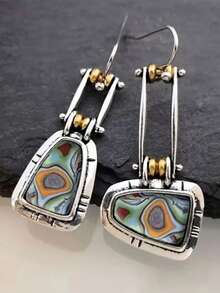 Pendientes de diseño geométrico con imitación de turquesa en color dorado, de aleación con incrustación de resina, joyería unisex para cumpleaños y aniversarios, inspirados en el estilo vintage