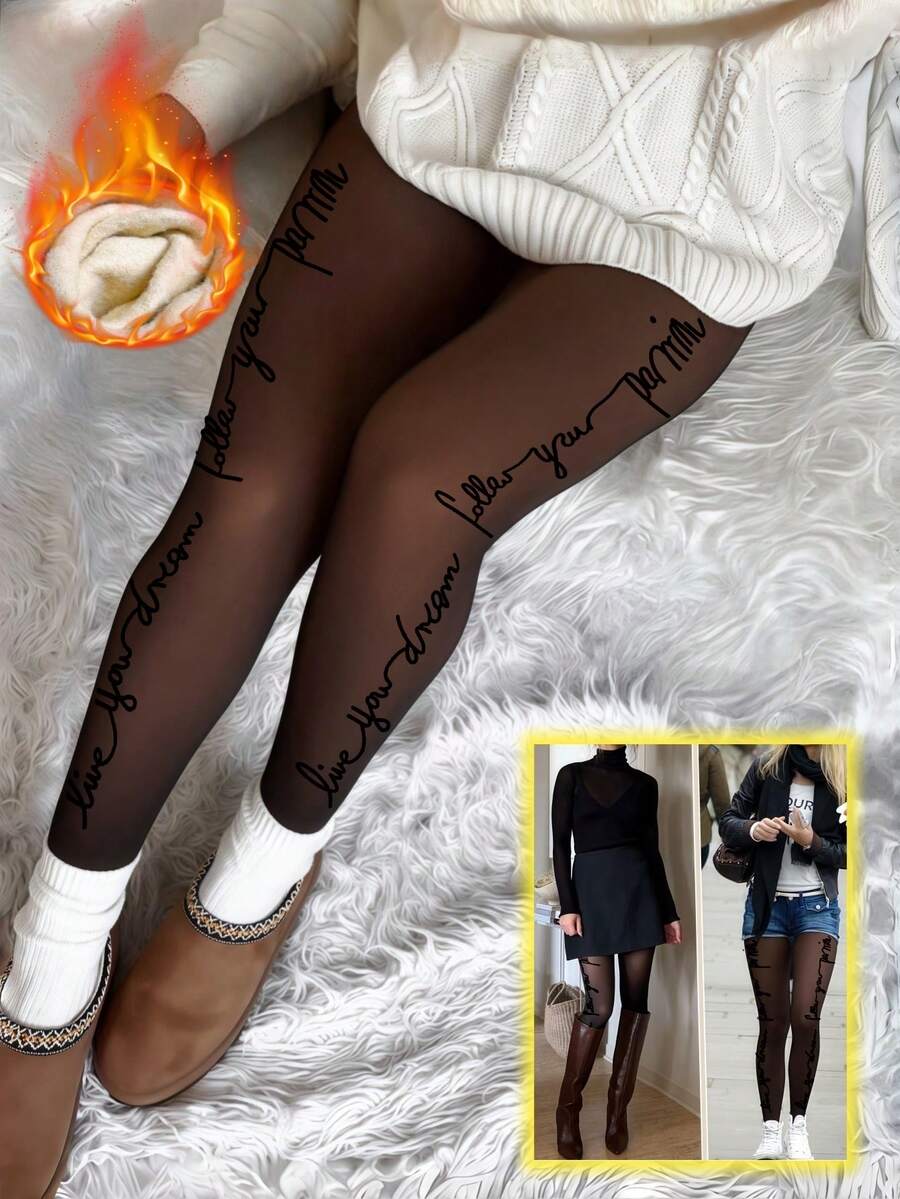 1条女士80克/200克秋冬季保暖内衬性感印花不透明弹力连裤袜，休闲日常穿着，舒适保暖 - 黑色 - 查看 1