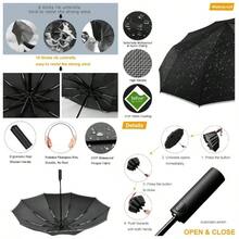 Paraguas, 2 en 1 Paraguas para Lluvia y Viento Reforzado con 360 Tiras Reflectantes, Sombrilla Proteccion UPF 50+ de 10 Costillas, Paraguas Plegable Reverse para Viaje, Trabajo, Automvil - Beis - Ver 1