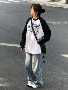 2025秋季新款女士T恤，时尚休闲宽松长袖字母狗狗印花T恤，拼色棉质街头韩版 - 白色 - 查看 3