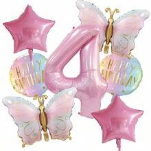 7pcs Happy Birthday Pink Butterfly Balloon Set, Includes 32inch Pink Number 1-6, Pink Star Shaped, Round Balloons, Suitable For Birthday Party, Anniversary Party, Home Decor, Atmosphere Setting, Party Decoration - Pink - View 15