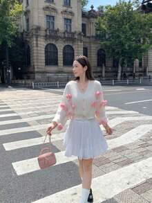 Kawaii Women's Himekaji Pink Three-Dimensional Bow Accessories Cute Minimalist Sexy Cardigan, Long Sleeve Tops