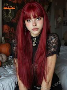 Tóc giả dài 26 inch, thẳng, màu đỏ, không có ren phía trước, làm từ sợi tổng hợp chịu nhiệt, phù hợp cho phụ nữ và bé gái sử dụng hàng ngày, thích hợp cho các bữa tiệc, Halloween và các dịp khác, thời trang và xinh đẹp, một món quà hoàn hảo cho các quý cô trong các dịp lễ. - Đỏ - Xem 12