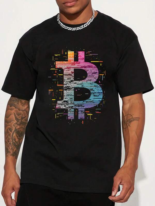 Men's Black Bitcoin Symbol Graphic T-Shirt - Unisex Casual Streetwear With Vibrant Paint Splatter Design, Short Sleeve Crew Neck Tee For Summer, Bitcoin T Shirt