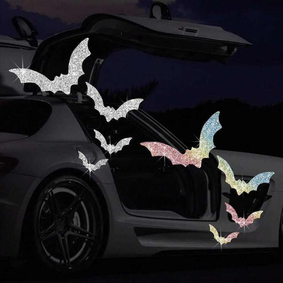 1pc Glossy Reflective Bat & Star Vinyl Decals - Self-Adhesive Cartoon Stickers For Cars, Motorcycles, Laptops - Vibrant Multi-Color Sparkle Design, Easy Apply & Remove, One-Time Use